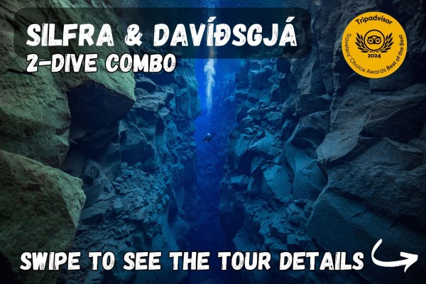 Swipe to see the tour details for the Silfra & Davíðsgjá - 2-dive combo tour.