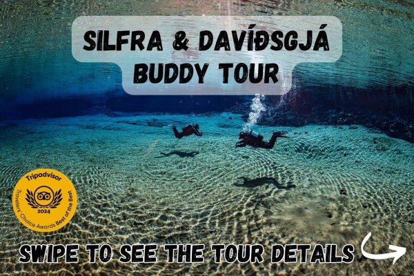 Swipe to see the tour details for the Silfra and Davíðsgjá Buddy tour!