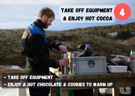 DIVE.IS Nesgjá fissure snorkeling tour in the North Iceland take off equipment, enjoy hot cocoa